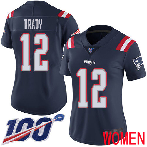 New England Patriots Football 12 100th Season Rush Vapor Limited Navy Blue Women Tom Brady NFL Jersey